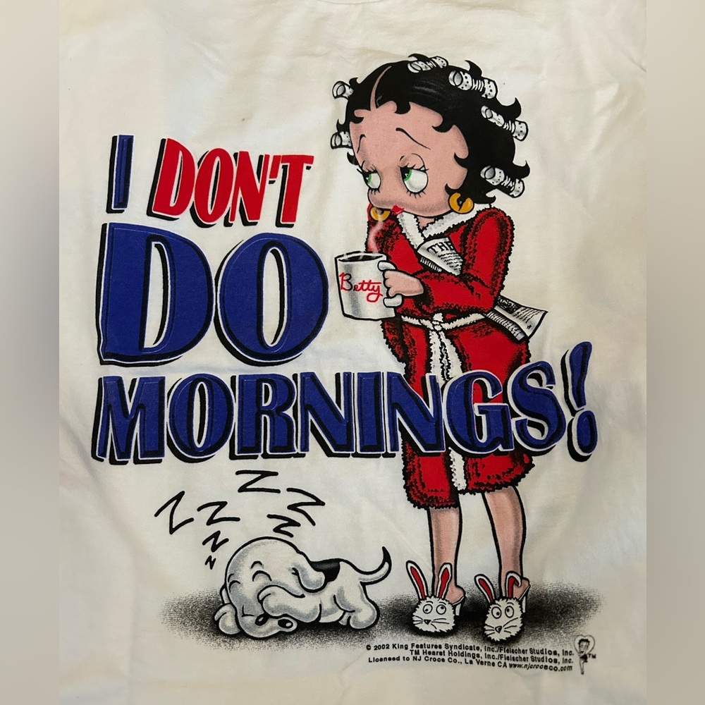 Betty Boop White Short Sleeve Tee I Don't Do Mornings, size L Tall.